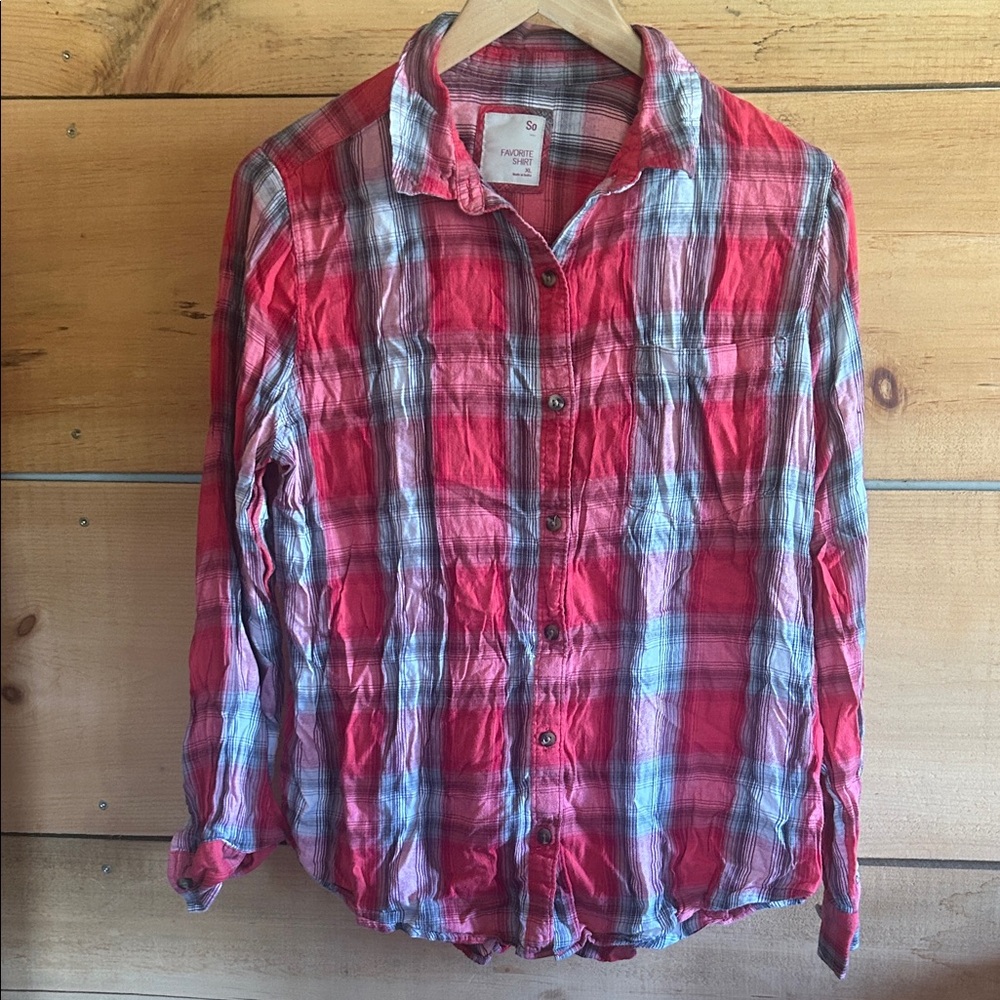 SO Red and Gray Plaid Casual Shirt